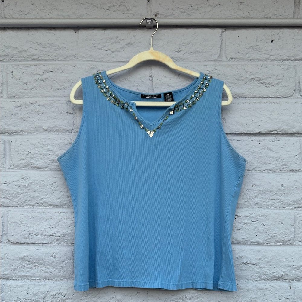 Vintage Light Blue Ribbed Embellished Tank Top